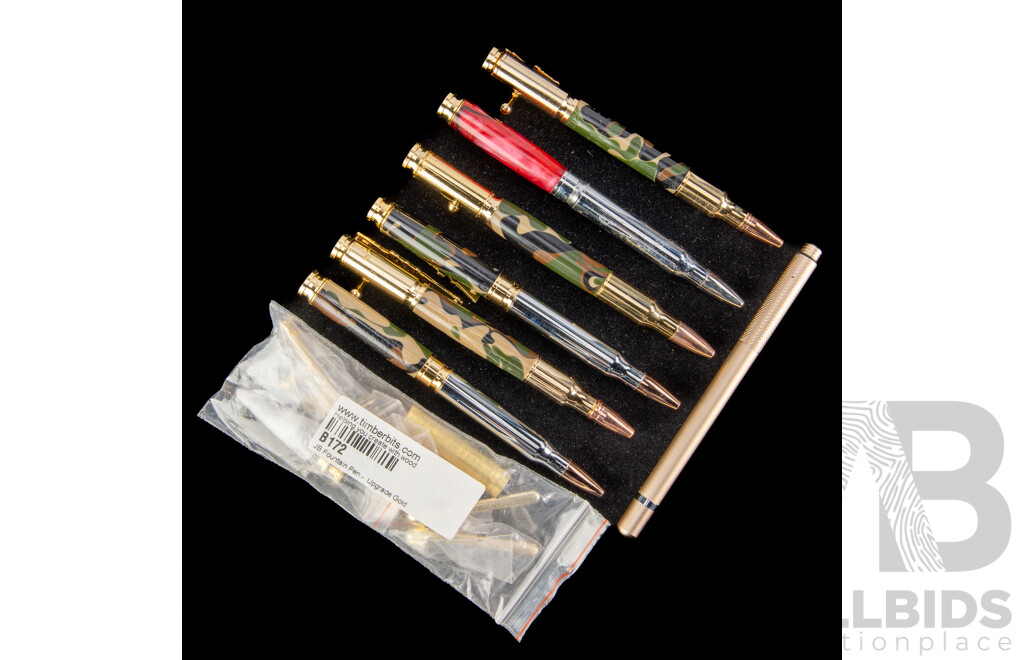 Collection Six Ball Point Pens with Bullet and Gun Theme