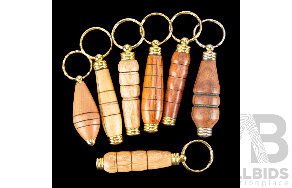Collection Seven Keyrings with Turned Australian Native Timbers Including Red Gum, Casuarina and More