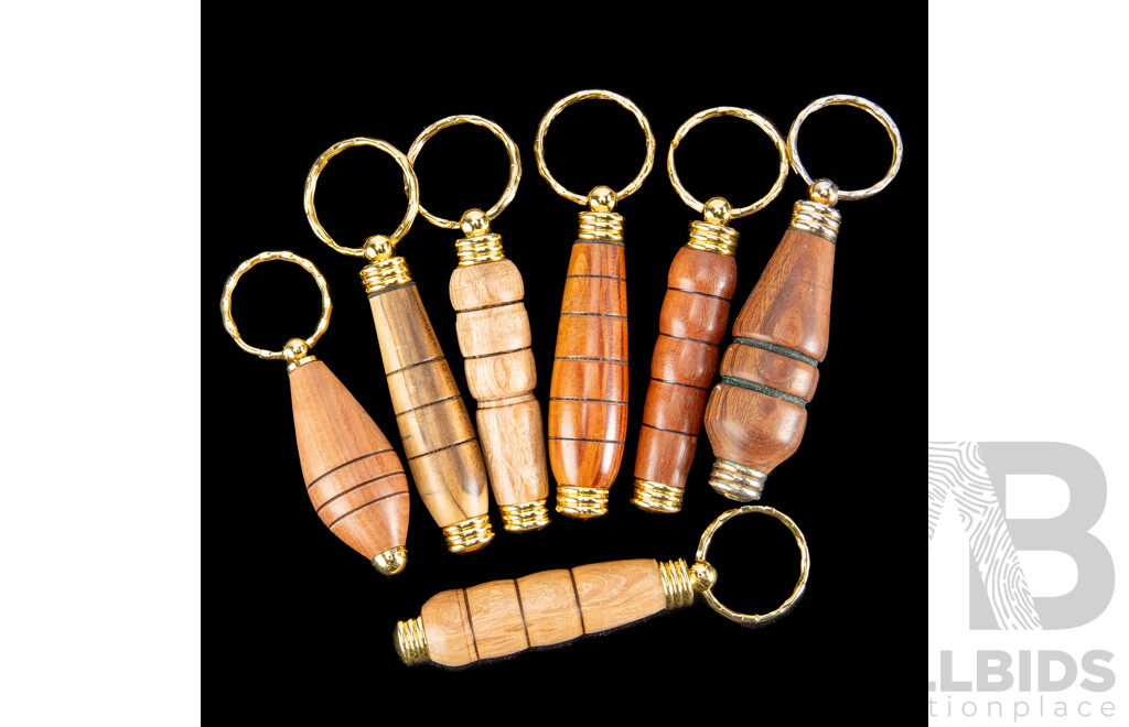 Collection Seven Keyrings with Turned Australian Native Timbers Including Red Gum, Casuarina and More
