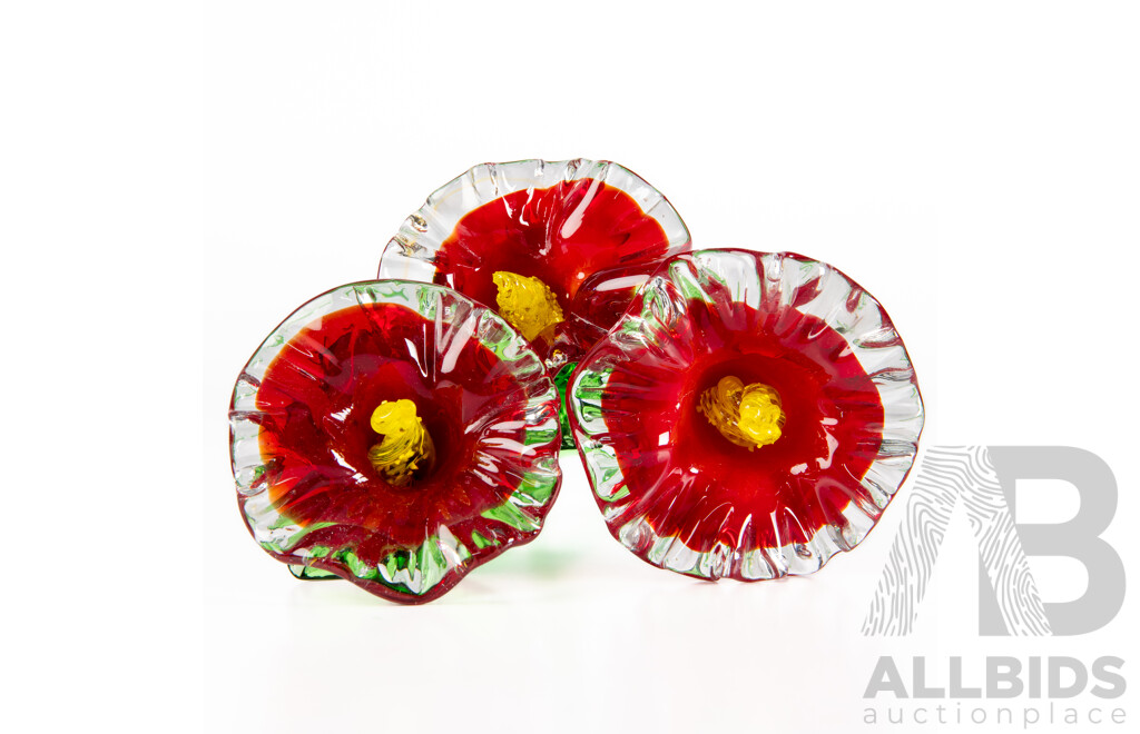 Set Three Hand Made Art Glass Roses