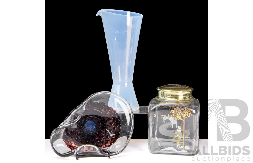 Collection Mid Century Glassware Comprising Holmegaard Iridescent Vase, Lidded Canister and Murano Style Art Glass Dish with Controlled Bubble Feature
