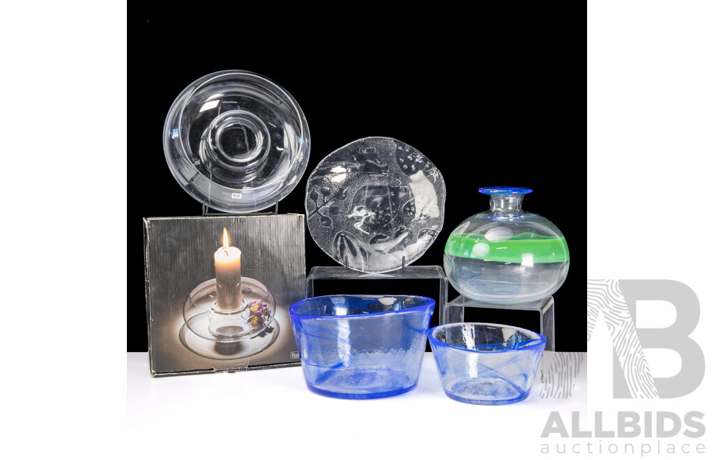 Nice Collection Mid Century Kosta Boda Glassware Including Vase with Green Feature by Ulrica Hydman, Candle Holder in Original Box by Monica Backstrom and More