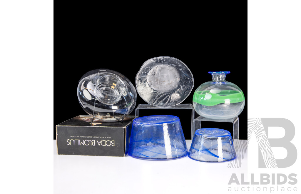 Nice Collection Mid Century Kosta Boda Glassware Including Vase with Green Feature by Ulrica Hydman, Candle Holder in Original Box by Monica Backstrom and More