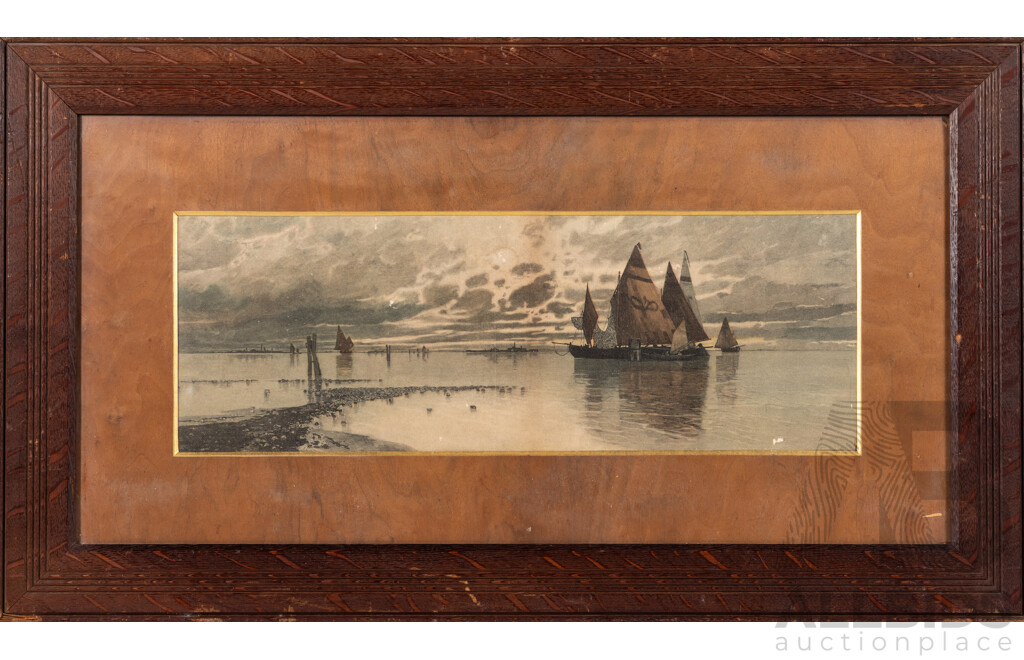 Artist Unknown (Early 20th Century), Boats at Dusk, Antique Intaglio Print, 37 x 65 cm (frame)