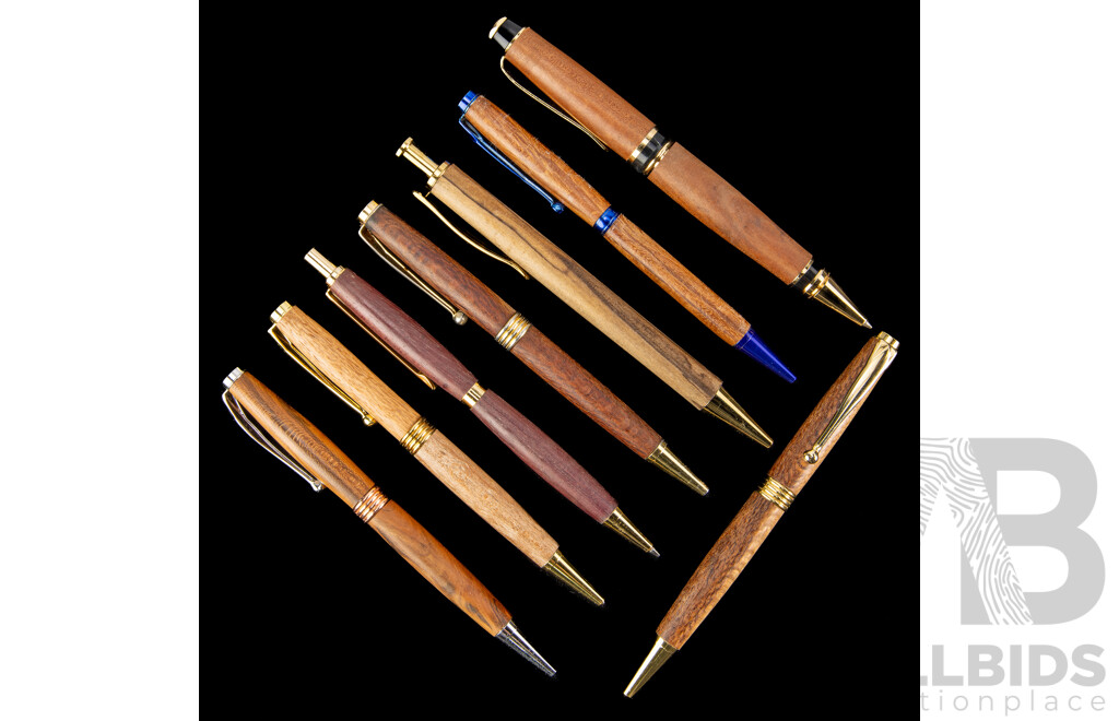 Collection Eight Ball Point Pens with Turned Australian Native Timber Bodies by Local Artisan Bec