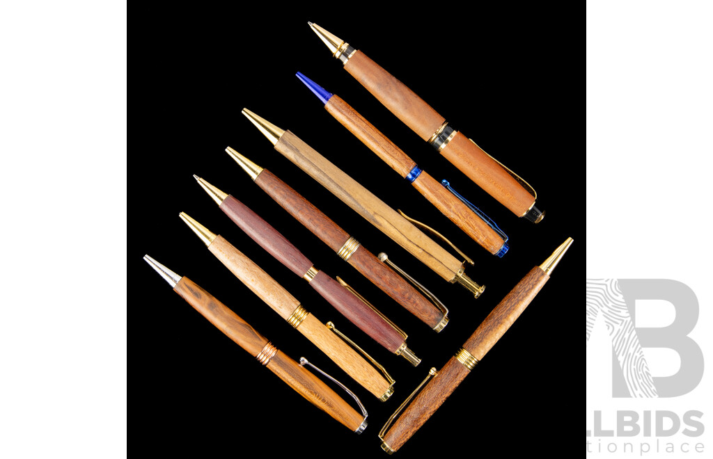 Collection Eight Ball Point Pens with Turned Australian Native Timber Bodies by Local Artisan Bec