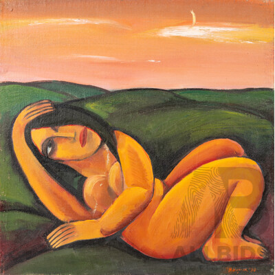 Yuri Birjuk (20th Century, Russian, Working c1990s), Lying (Sculpting), Wonderful Original Oil on Canvas, 50 x 50 cm (frame)