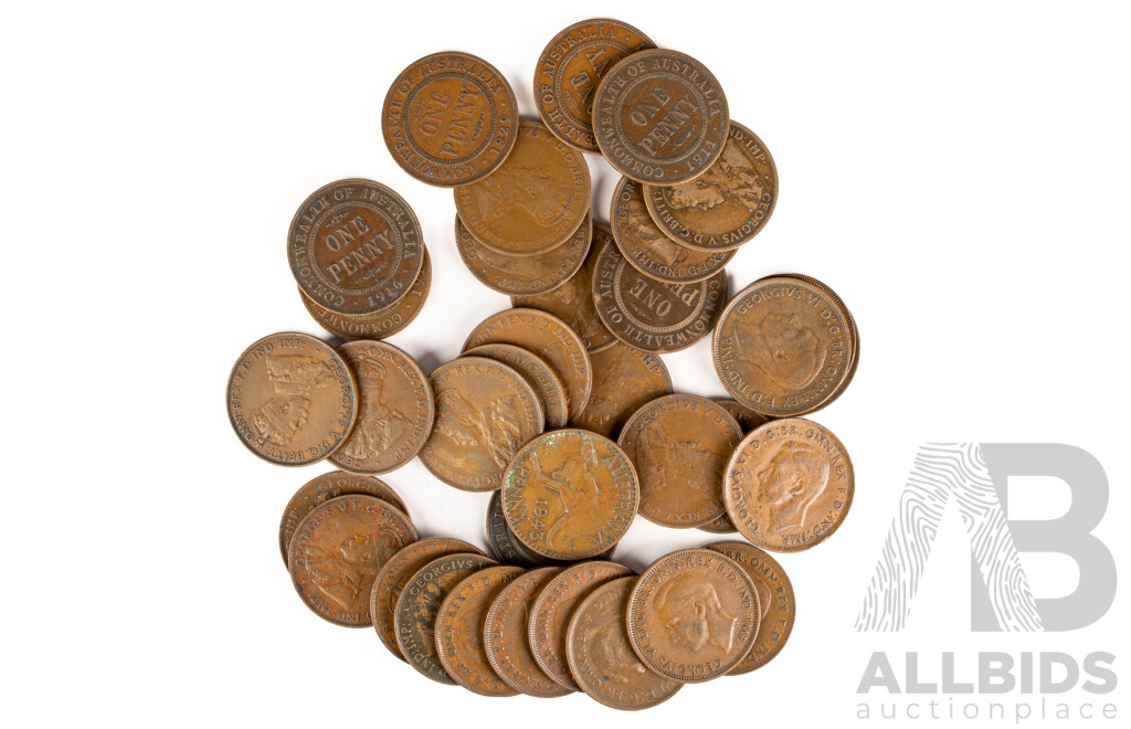 Australian KGV/KGVI Pennies, Consecutive 1911 to 1948 (Lacking 1925 and 1930)
