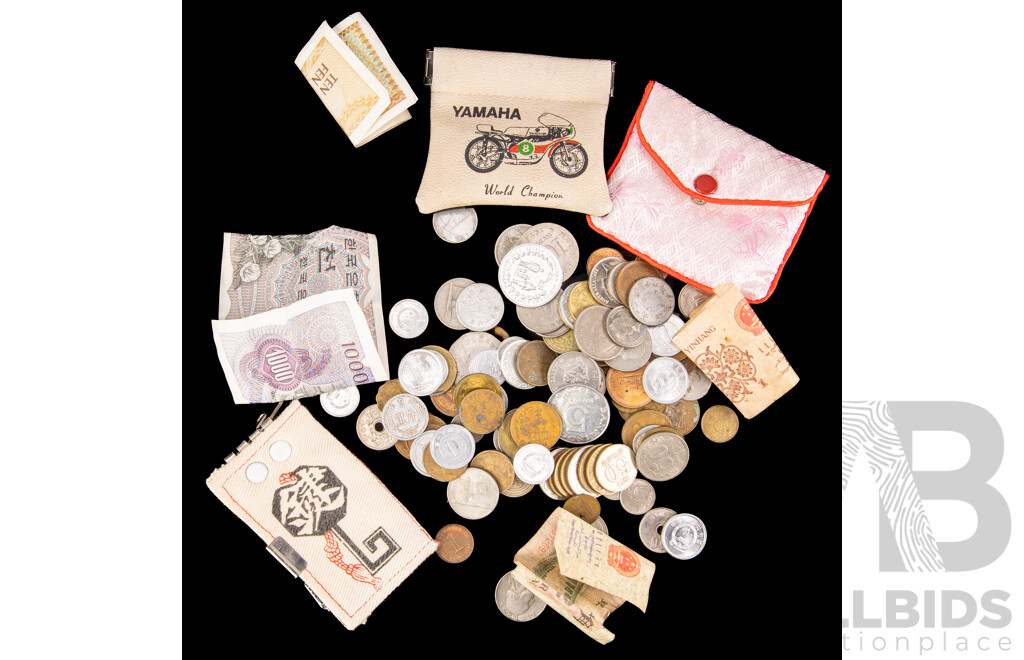 Collection of Vintage Currency Including Indonesia, Thailand, China, Korea with Vintage Coin Purses