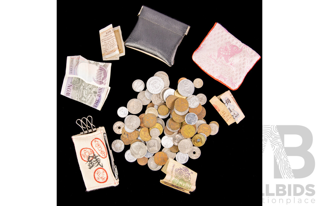 Collection of Vintage Currency Including Indonesia, Thailand, China, Korea with Vintage Coin Purses