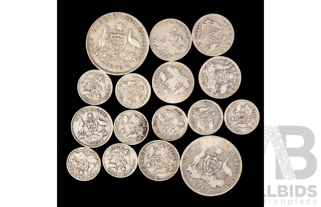 Collection of Australian Silver KGV Coins Including Florins 1917M, 1936, Six Pence 1914, 1918, 1923, 1926, 1934, Threepence 1912, 1916M, 1921(2), 1925, 1927(2) 1935  .925