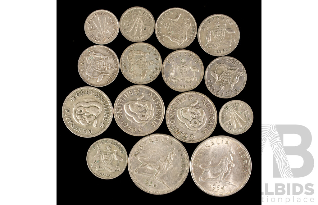 Collection of Australian Silver KGVI/QE2 Coins Including Two 1954 Commemorative Florins, Three Shillings, Seven Sixpence, Three Threepence  .500