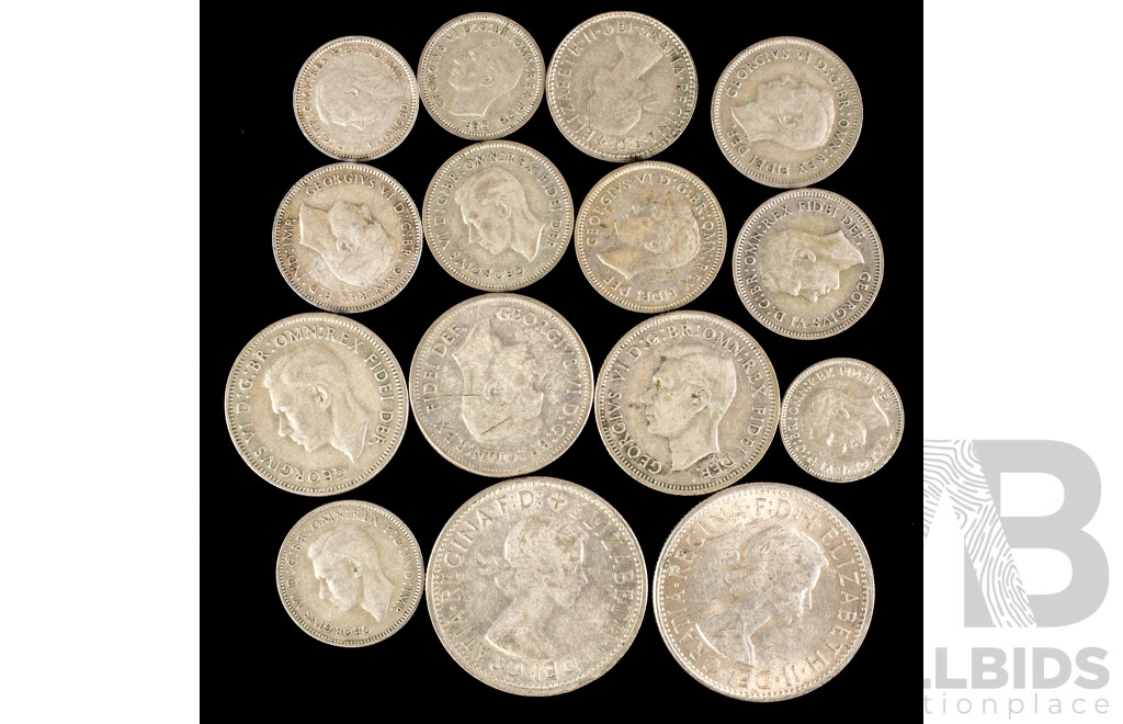 Collection of Australian Silver KGVI/QE2 Coins Including Two 1954 Commemorative Florins, Three Shillings, Seven Sixpence, Three Threepence  .500