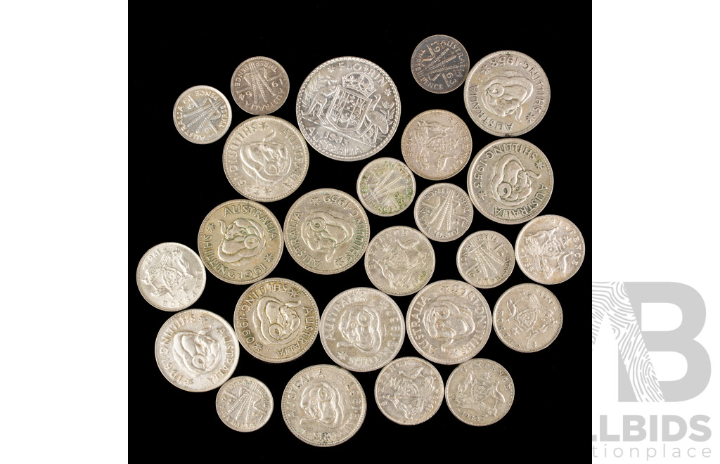Collection of Australian Silver QE2 Coins Including 1963 Florin, Ten Shillings, Seven Sixpence, Seven Threepence.500