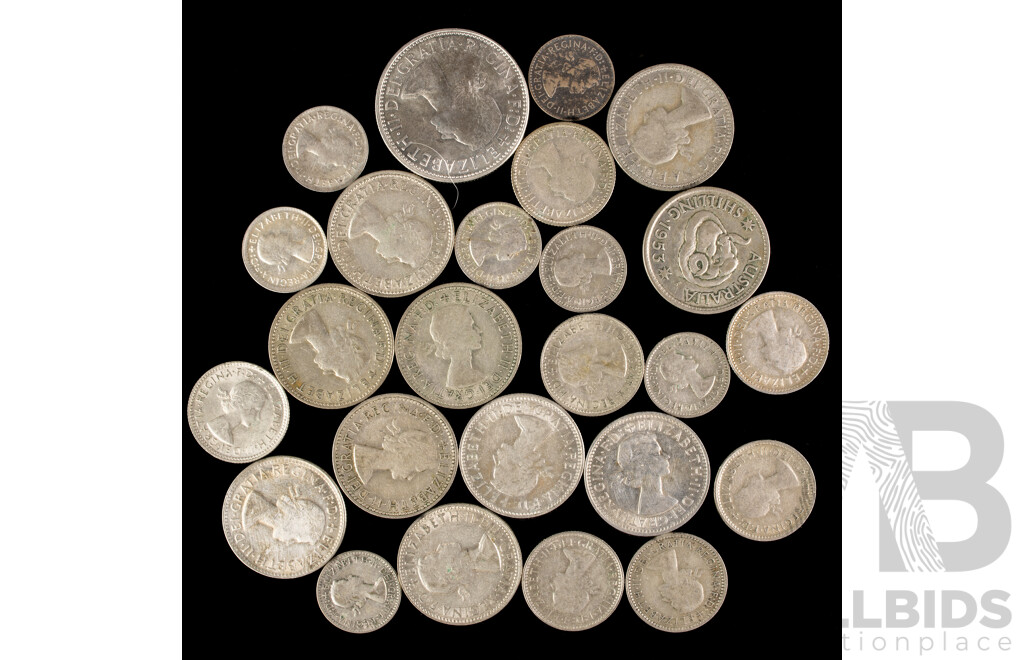 Collection of Australian Silver QE2 Coins Including 1963 Florin, Ten Shillings, Seven Sixpence, Seven Threepence.500