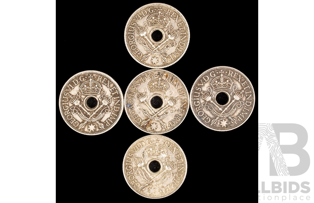 Five Territory of New Guinea Silver Shillings 1935(2), 1938, 1945(2)  .925