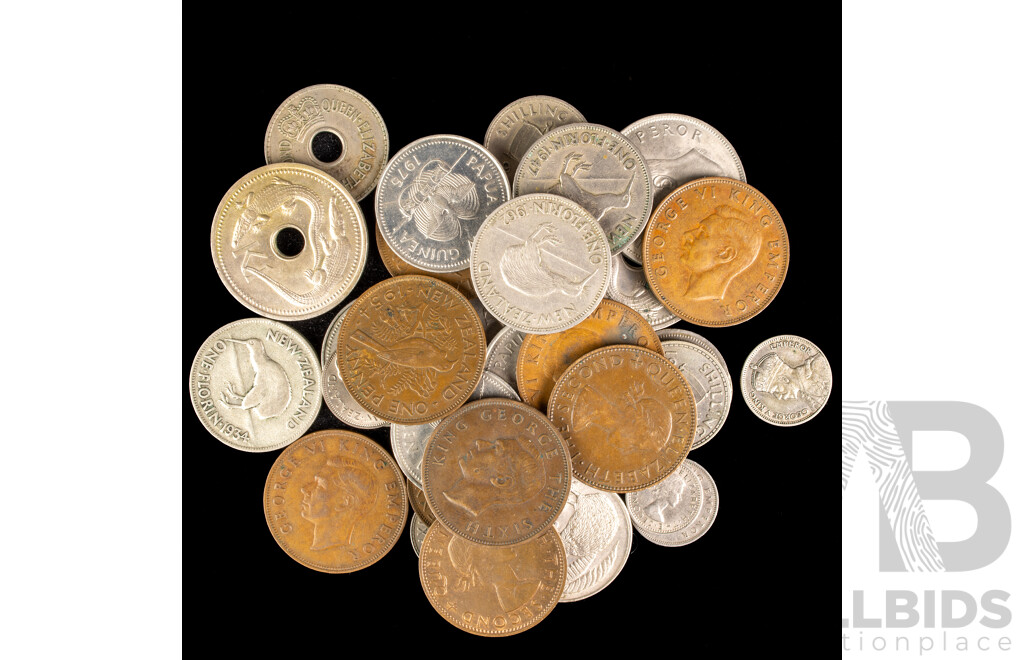 Collection of New Zealand, Fiji Papua New Guinea Predecimal Coins Including NZ 1934 Silver Florin and Sixpence(2), 1947 Half Crown, Pennies, Sixpence, Shillings