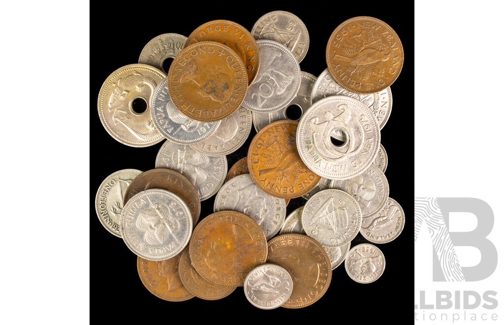 Collection of New Zealand, Fiji Papua New Guinea Predecimal Coins Including NZ 1934 Silver Florin and Sixpence(2), 1947 Half Crown, Pennies, Sixpence, Shillings