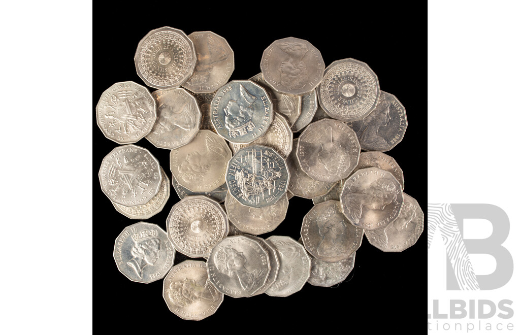 Australian Commemorative Fifty Cents Including 1970 Cook, 1977 Jubilee(15) 1982 Commonwealth Games(14) 1988 Bicentennial(4) 1976