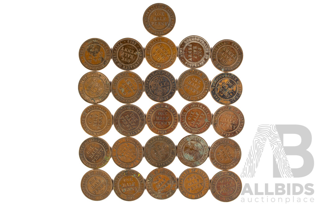 Australian KGV Half Pennies Examples Spanning 1912 to 1927