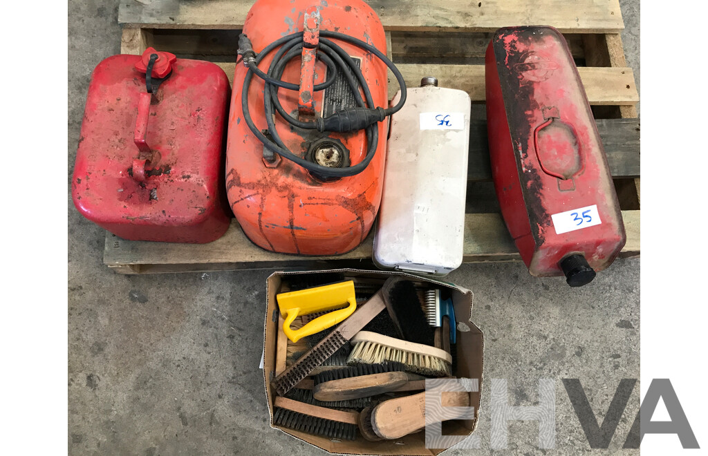 Assorted Jerry Cans, Hand Brushes, and Hand Brooms