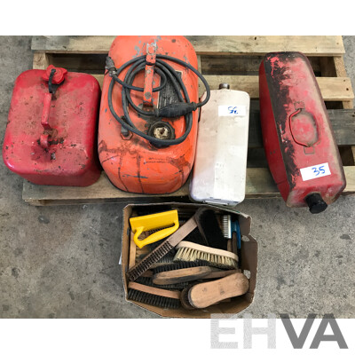 Assorted Jerry Cans, Hand Brushes, and Hand Brooms