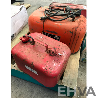 Assorted Jerry Cans, Hand Brushes, and Hand Brooms