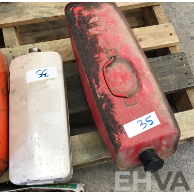 Assorted Jerry Cans, Hand Brushes, and Hand Brooms
