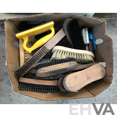 Assorted Jerry Cans, Hand Brushes, and Hand Brooms