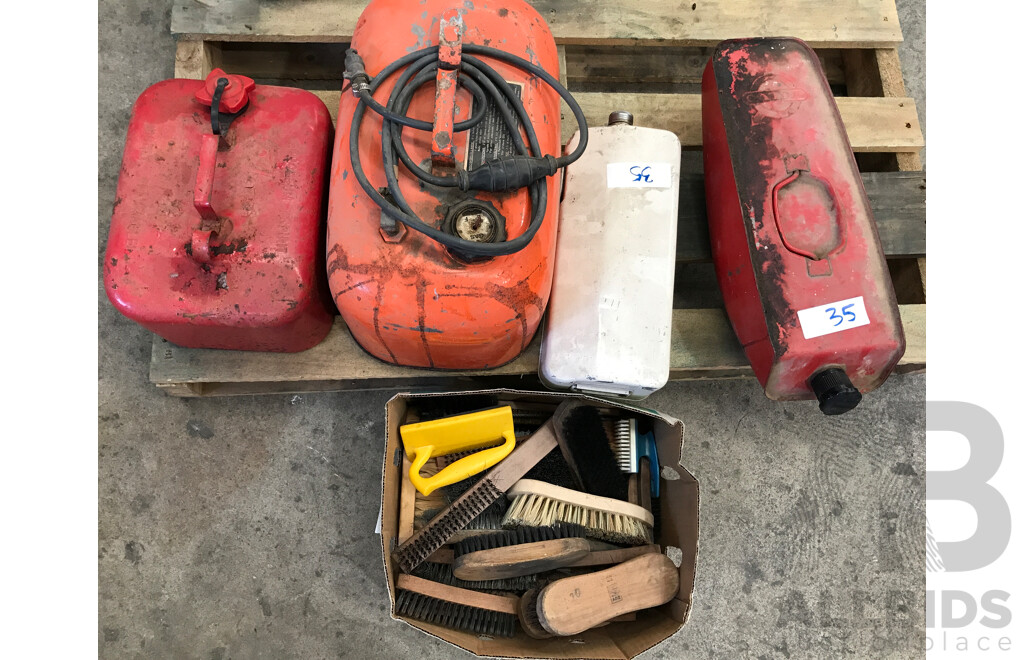 Assorted Jerry Cans, Hand Brushes, and Hand Brooms