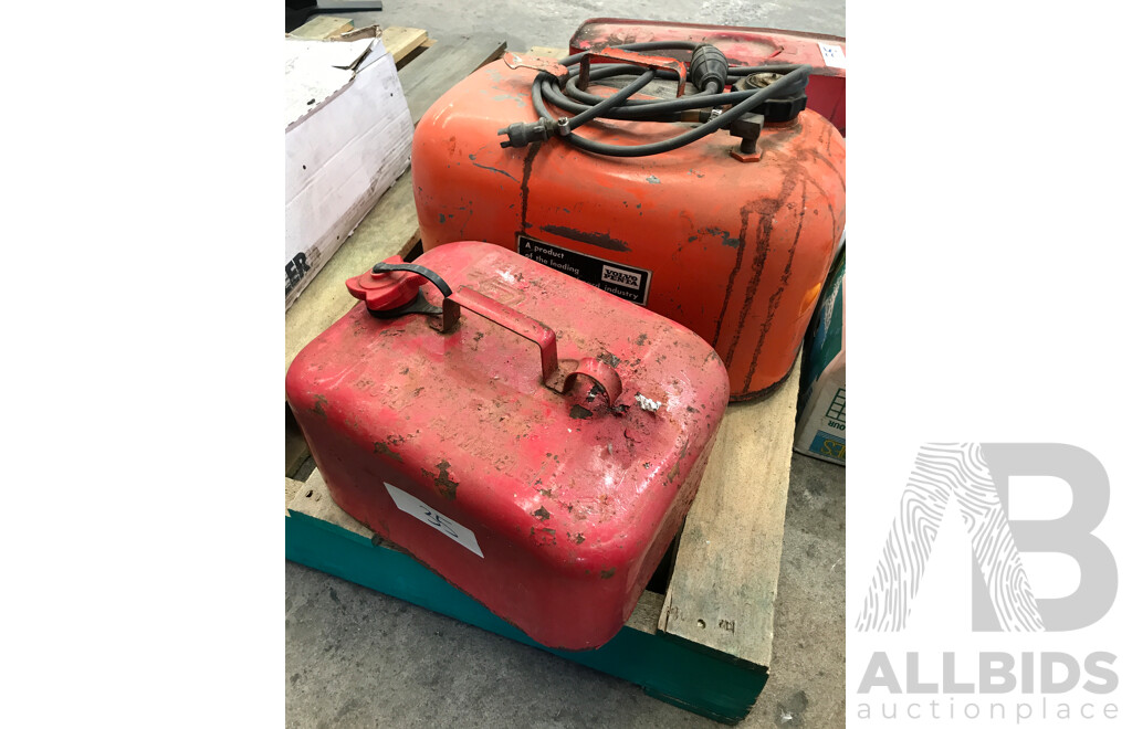 Assorted Jerry Cans, Hand Brushes, and Hand Brooms