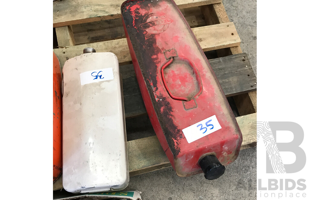 Assorted Jerry Cans, Hand Brushes, and Hand Brooms