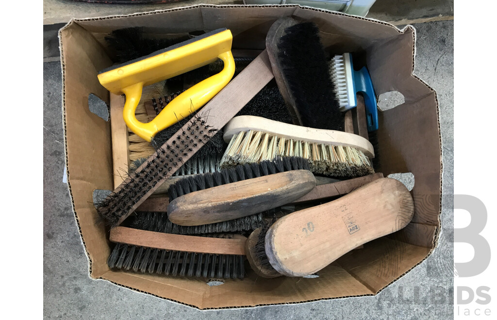Assorted Jerry Cans, Hand Brushes, and Hand Brooms