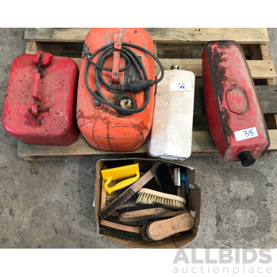 Assorted Jerry Cans, Hand Brushes, and Hand Brooms