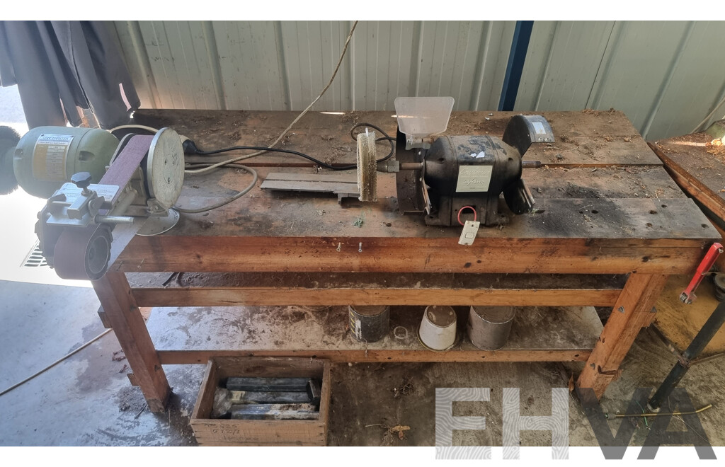 Custom Built Timber Workbench with Attached Bench Grinders