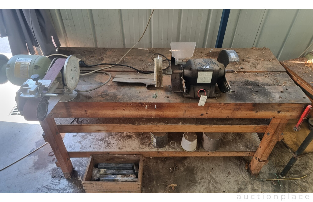 Custom Built Timber Workbench with Attached Bench Grinders