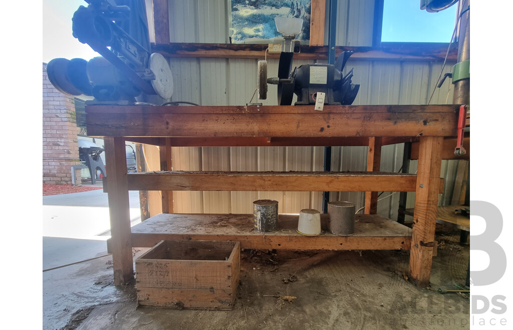 Custom Built Timber Workbench with Attached Bench Grinders