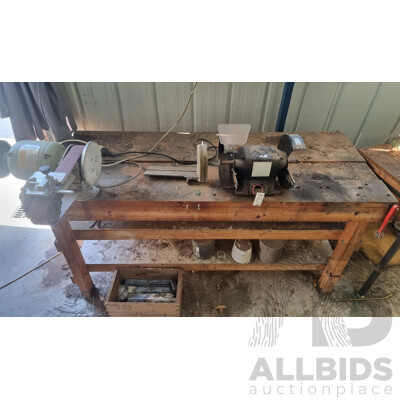 Custom Built Timber Workbench with Attached Bench Grinders