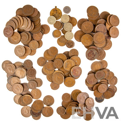 Collection of Australian KGV/KGVI Pennies and Half Pennies Spanning Years 1936 to 1952 with Newtown Jubilee Medallion and United Kingdom Coins