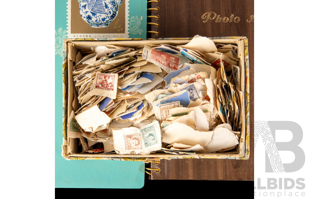 Box of Vintage International Vintage Stamps, Mostly Predecimal Australian with Album of Italy, Mongolia, Hungry, PNG, USA - Hong Kong First Day Covers Spanning 1973 to 1979 and 1957 North Sydney Demonstration School Games in Cigarette Tins