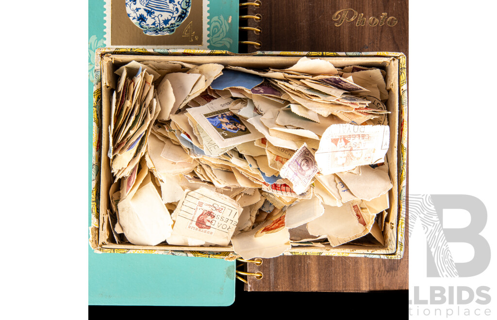 Box of Vintage International Vintage Stamps, Mostly Predecimal Australian with Album of Italy, Mongolia, Hungry, PNG, USA - Hong Kong First Day Covers Spanning 1973 to 1979 and 1957 North Sydney Demonstration School Games in Cigarette Tins
