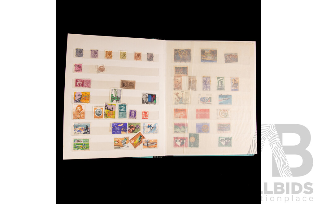 Box of Vintage International Vintage Stamps, Mostly Predecimal Australian with Album of Italy, Mongolia, Hungry, PNG, USA - Hong Kong First Day Covers Spanning 1973 to 1979 and 1957 North Sydney Demonstration School Games in Cigarette Tins