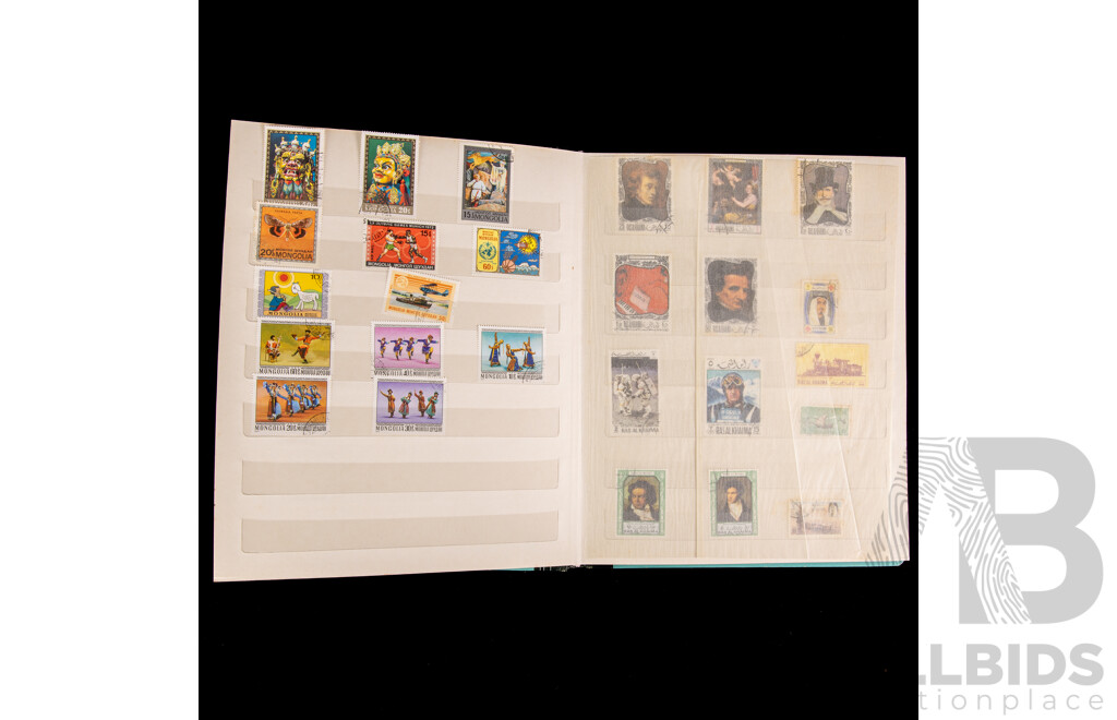 Box of Vintage International Vintage Stamps, Mostly Predecimal Australian with Album of Italy, Mongolia, Hungry, PNG, USA - Hong Kong First Day Covers Spanning 1973 to 1979 and 1957 North Sydney Demonstration School Games in Cigarette Tins