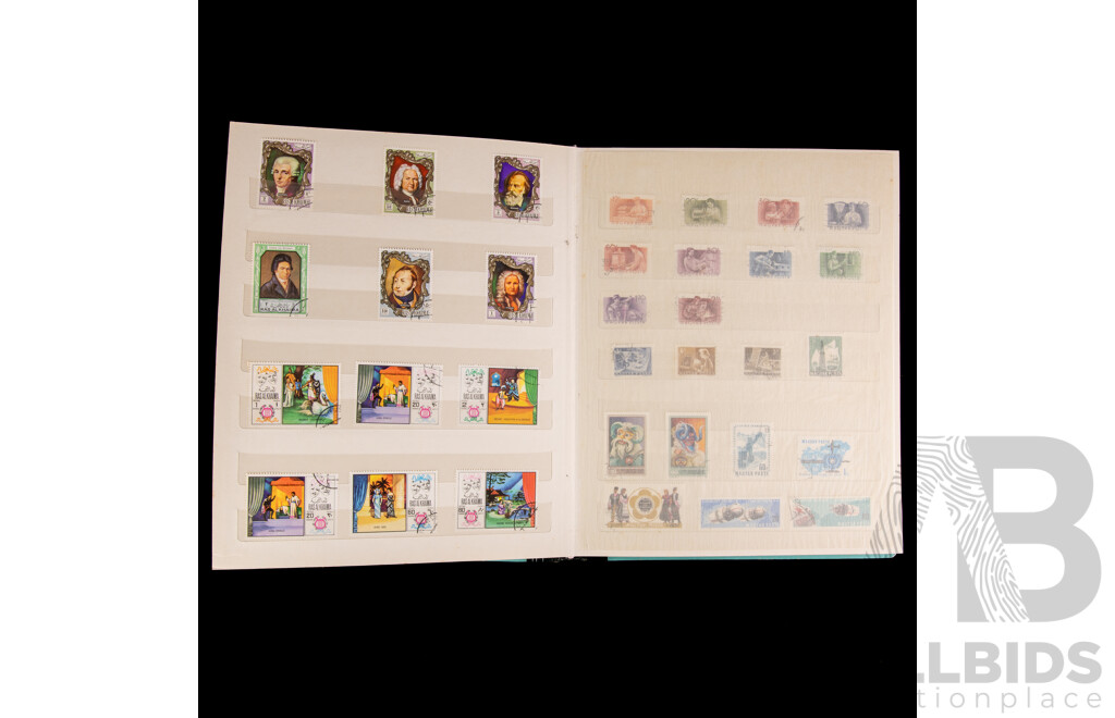 Box of Vintage International Vintage Stamps, Mostly Predecimal Australian with Album of Italy, Mongolia, Hungry, PNG, USA - Hong Kong First Day Covers Spanning 1973 to 1979 and 1957 North Sydney Demonstration School Games in Cigarette Tins