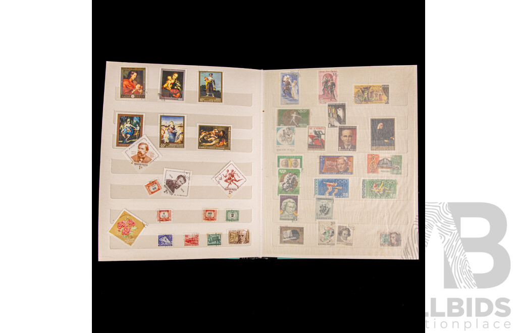 Box of Vintage International Vintage Stamps, Mostly Predecimal Australian with Album of Italy, Mongolia, Hungry, PNG, USA - Hong Kong First Day Covers Spanning 1973 to 1979 and 1957 North Sydney Demonstration School Games in Cigarette Tins