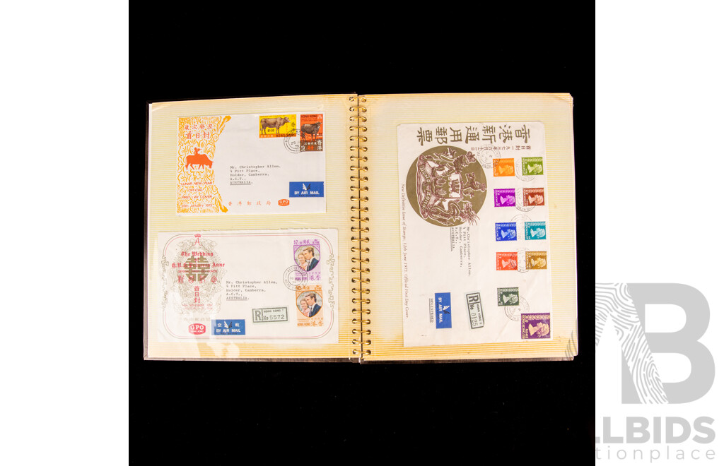 Box of Vintage International Vintage Stamps, Mostly Predecimal Australian with Album of Italy, Mongolia, Hungry, PNG, USA - Hong Kong First Day Covers Spanning 1973 to 1979 and 1957 North Sydney Demonstration School Games in Cigarette Tins