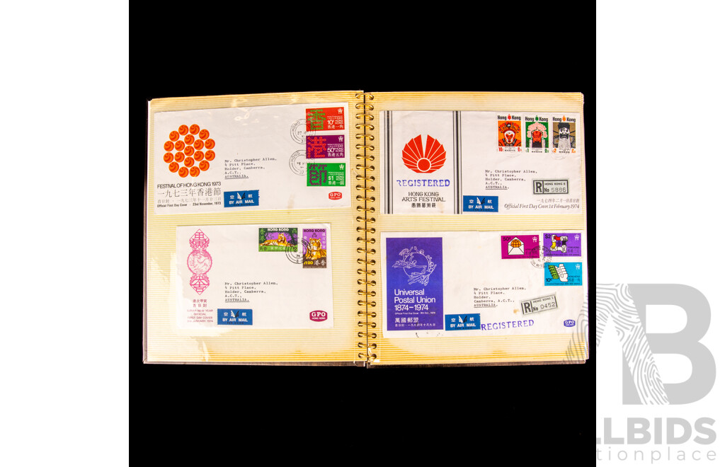 Box of Vintage International Vintage Stamps, Mostly Predecimal Australian with Album of Italy, Mongolia, Hungry, PNG, USA - Hong Kong First Day Covers Spanning 1973 to 1979 and 1957 North Sydney Demonstration School Games in Cigarette Tins