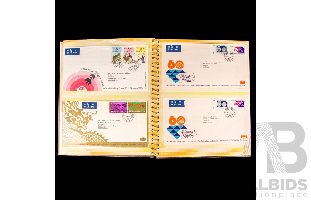 Box of Vintage International Vintage Stamps, Mostly Predecimal Australian with Album of Italy, Mongolia, Hungry, PNG, USA - Hong Kong First Day Covers Spanning 1973 to 1979 and 1957 North Sydney Demonstration School Games in Cigarette Tins