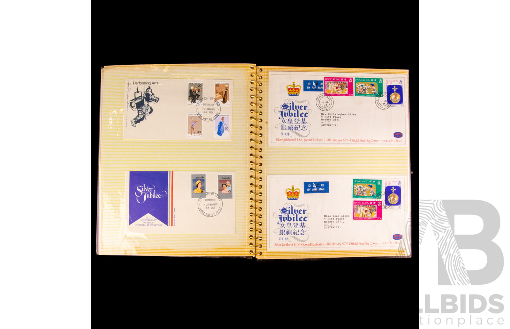 Box of Vintage International Vintage Stamps, Mostly Predecimal Australian with Album of Italy, Mongolia, Hungry, PNG, USA - Hong Kong First Day Covers Spanning 1973 to 1979 and 1957 North Sydney Demonstration School Games in Cigarette Tins