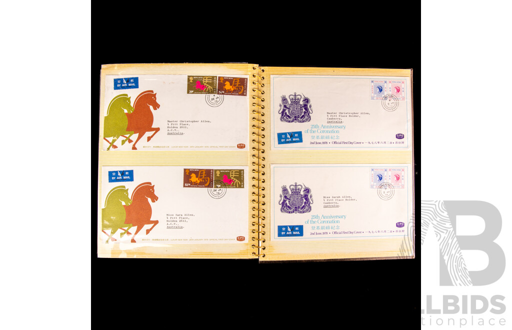 Box of Vintage International Vintage Stamps, Mostly Predecimal Australian with Album of Italy, Mongolia, Hungry, PNG, USA - Hong Kong First Day Covers Spanning 1973 to 1979 and 1957 North Sydney Demonstration School Games in Cigarette Tins